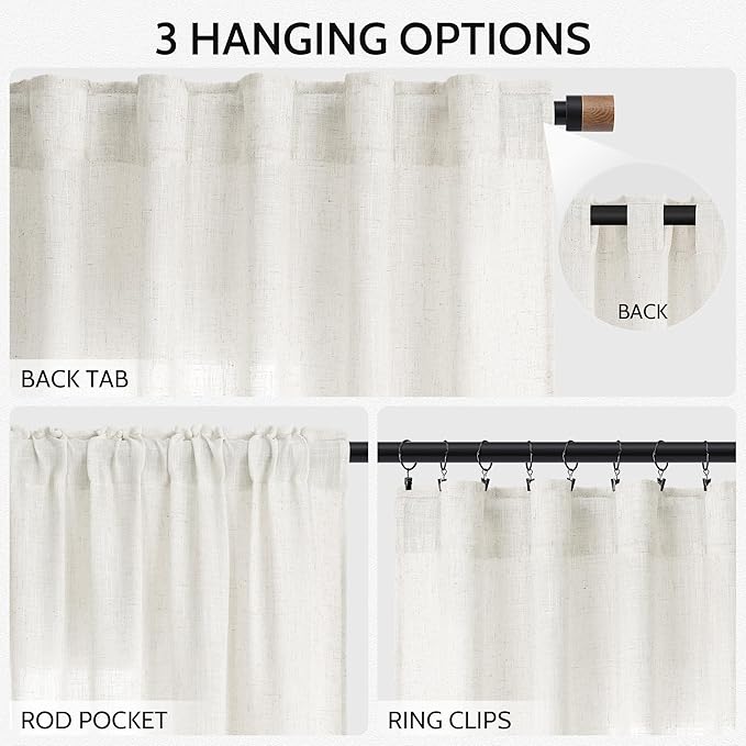 Nanspring Neutral Linen Curtains 102 Inches Long for Living Room Linen Blend Light Filtering Sheer Curtain Back Tab and Rod Pocket Coastal Modern Farmhouse Decor Drapes for Bedroom 52x102, 2 Panels