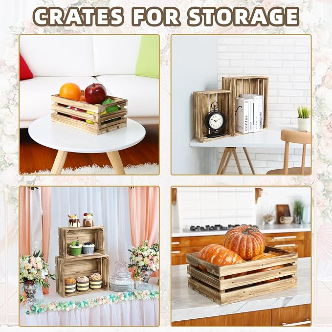 5-Piece Farmhouse Wooden Crate Set - Rustic Wooden Crates for Display and Storage, Large Torched Decorative Crates, Farmhouse Apple Crates, Painted Wood Crates for Decor