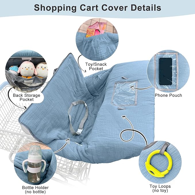 Muslin Shopping Cart Cover for Baby Soft & Breathable High Chair Covers for Restaurant Seat Grocery Cart Cover with Storage Pocket Machine Washable for Infant Toddler Boy and Girl, Blue