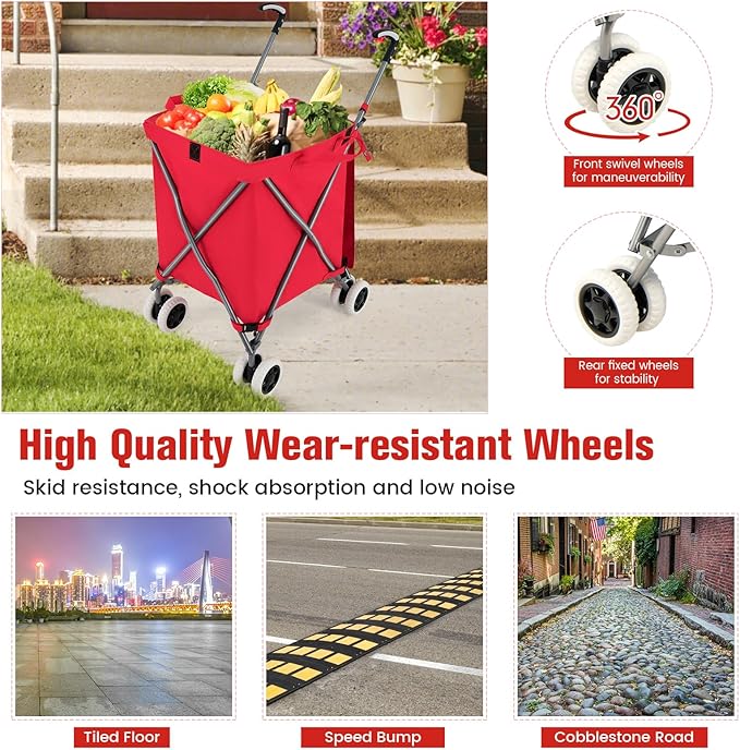 GOFLAME Folding Shopping Cart on Wheels, Waterproof Grocery Cart with Removable Cover and 360° Swiveling Wheels, Collapsible Utility Cart for Groceries and Laundry, 120LBS Load Capacity, Red