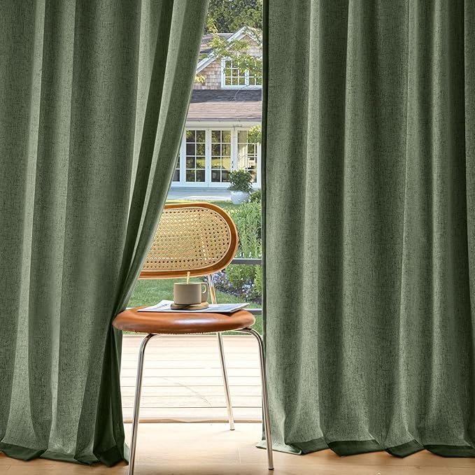 MIULEE Non-See-Through Privacy Linen Curtains 2 Panels, Olive Green Light Filtering Window Curtains Farmhouse Textured Back Tab Semi Sheer Drapes for Bedroom Living Room 96 Inches Long Dark Green