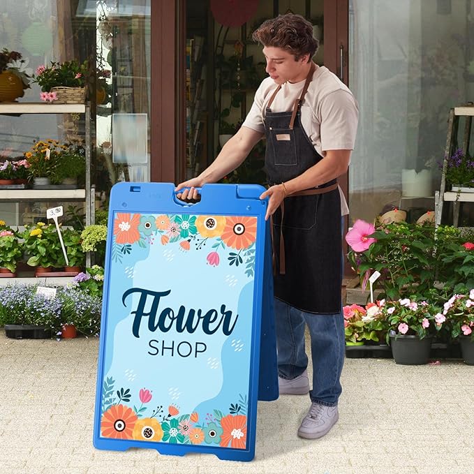 Jumbl Outdoor A-Frame Sandwich Signboard 24” x 36” Display Surface – w/PVC Sign Protector & Sand Fill Holes – Duel Display Signage Stand for Storefront Sidewalk Curb (Blue)