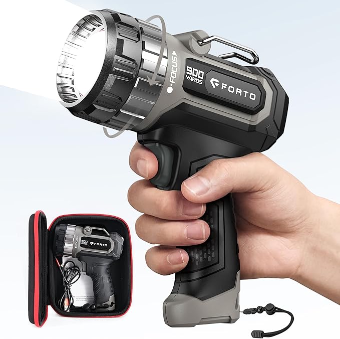FORTO Compact Rechargeable Spotlight with Adjustable Focus, Handheld Spot Light with Stand, 823m Range, 3 Light Modes and LED Spot Lights Outdoor for Boating Hunting Camping Hiking