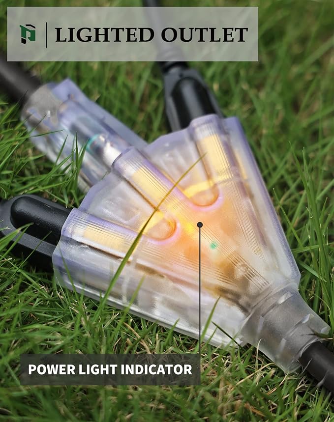 10Ft 12 Gauge Outdoor Extension Cord with 3-Outlets, Heavy Duty 3 Prong Extension Cord Waterproof with Lighted end, 15A SJTW, ETL Listed, Black