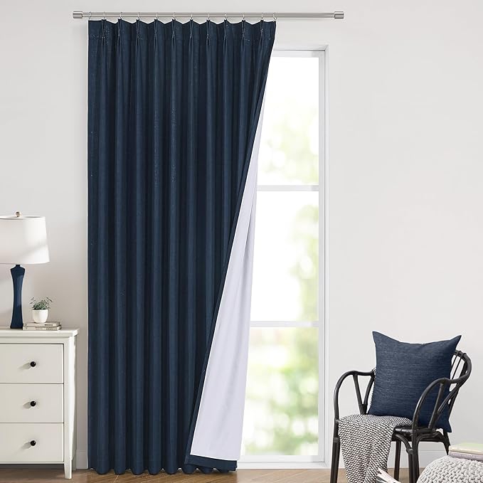Vision Home Navy Blue Pinch Pleated Full Blackout Curtains Linen Blended Room Darkening Window Curtains 120 inch for Living Room Bedroom Thermal Insulated Pinch Pleat Drapes with Hooks 60" Wx120 Lx1