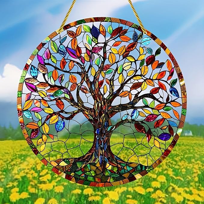 Colorful Tree Acrylic Ornament with Hanging Rope Chain Acrylic Wall Hanging Decoration for Window Door Display