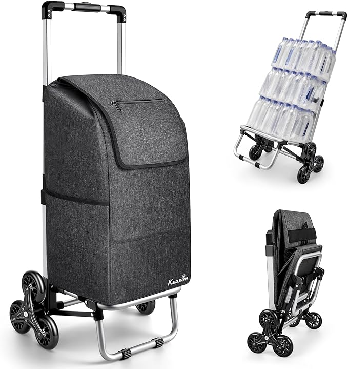 KEDSUM 2 in 1 Aluminum Alloy Stair Climbing Cart, 300LBS Grocery Cart on Wheels, Foldable Shopping Carts with Waterproof Oxford Black Bag for Groceries, Lightweight & Durable Aluminum Frame