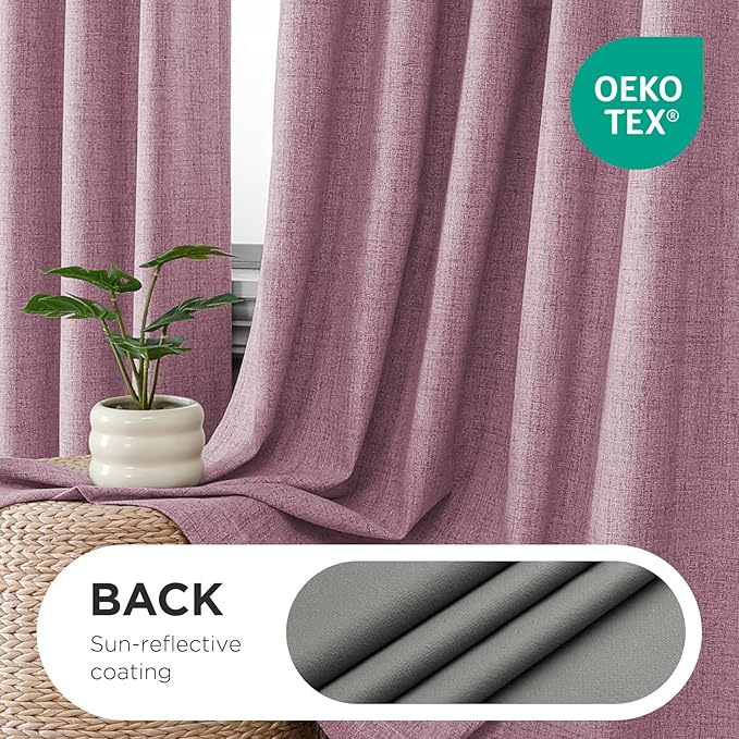 Joydeco Pinch Pleated Curtains - 100% Blackout for Bedroom, Pink Linen Curtains 40" W x 84" L, Thermal Insulated 2 Panels Light Blocking Drapes, Back Tabs for Living Room