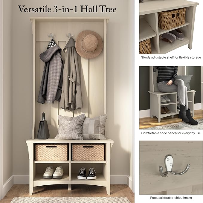 Bush Furniture Salinas Hall Tree with Shoe Storage Bench in Antique White, Multi-Purpose Home Organizer, Entryway Solution with Seating and Hooks