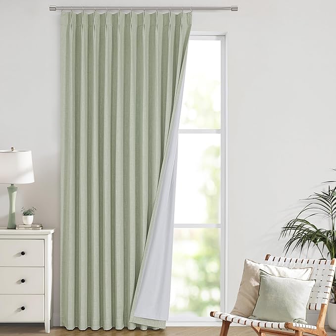 Vision Home Soft Green Pinch Pleated Full Blackout Curtains Linen Blended Room Darkening Window Curtains 120 inch for Living Room Bedroom Thermal Insulated Pinch Pleat Drapes with Hooks 60" Wx120 Lx1