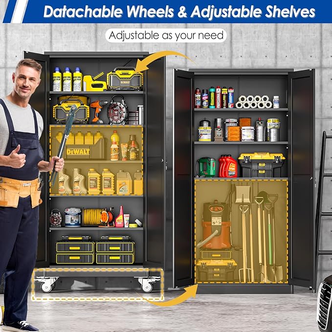 Metal Garage Storage Cabinet with Lock, Steel Tool Cabinet with 2 Doors and 5 Adjustable Shelves, 75” Tall Lockable File Cabinet with Wheels, Organization for Home Office Garage Gym - Black