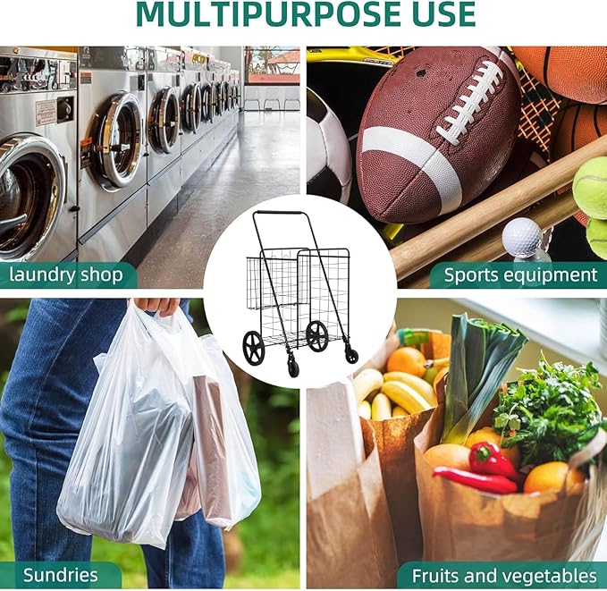 YITAHOME Folding Shopping Cart with Wheels, Rolling Foldable Grocery Cart with Versatile Rear Basket, Portable Collapsible Utility Cart for Shopping Groceries Laundry Storage Organizer