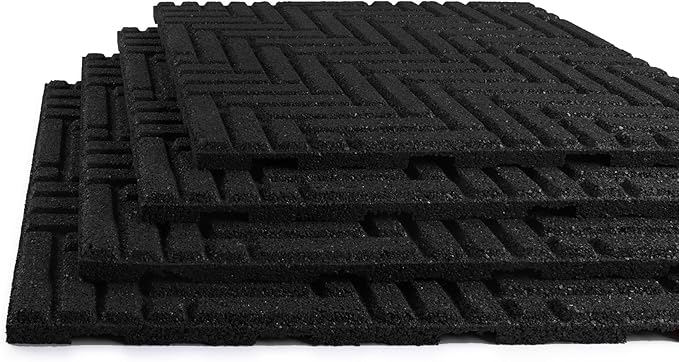 Playsafer Herringbone Rubber Interlocking Tiles | 16 X 16 | Easy Install for Indoor and Outdoor Use (Black, 4 Tiles)