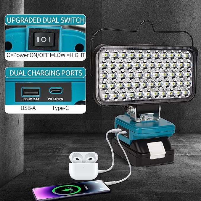 Cordless LED Work Light for Makita 18v Battery, Portable Flood Lights 120W Spotlight Compact Lighting 10600LM with Type C & USB Fast Charging for Camping, Hiking, Fishing,Power Failure,Workshop