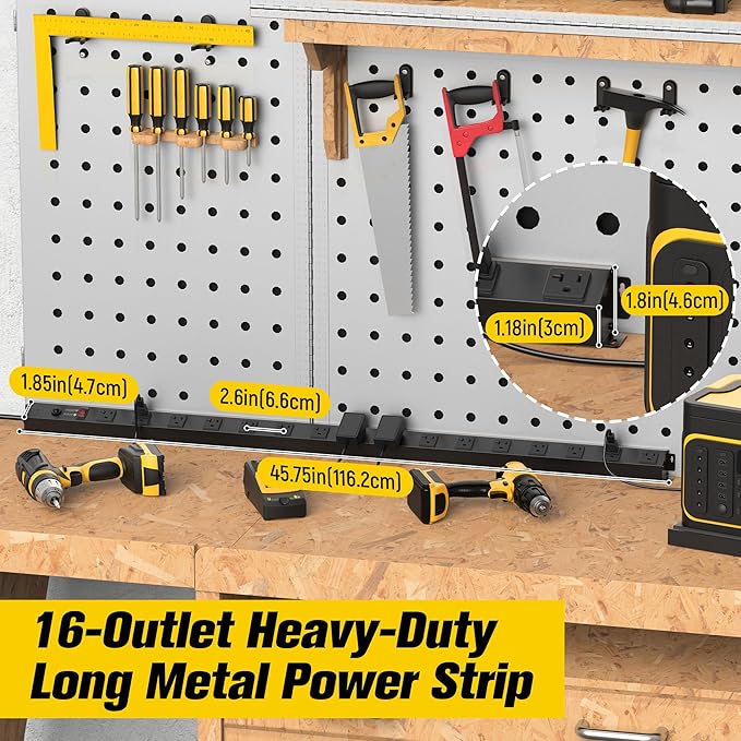 HHSOET 16 Outlet Long Power Strip, 6FT Heavy Duty Power Strip with 4800J Surge Protection, 20a Mountable Wide-Spaced Outlets for Home, Office, Garage & Workshop - ETL Certified (Black)