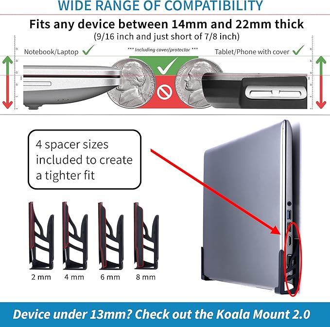 Dockem Koala Wall Mount 2XL: Damage-Free or Screw-in Universal Dock for Laptops, or Tablets and Smartphones with Thicker Cases (Black)