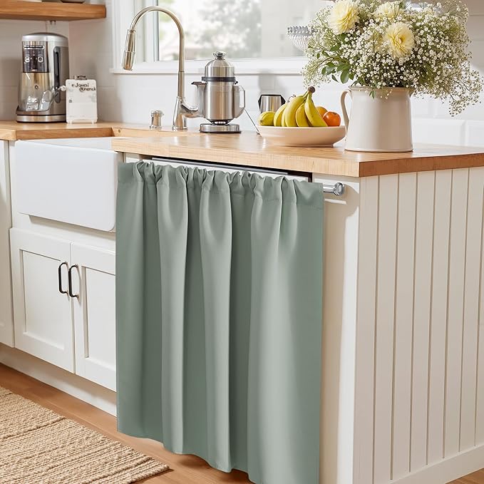 PONY DANCE Sage Green RV Curtains for Camper Windows, Rod Pocket Half Window Drapes for Basement, Privacy Blackout Energy Saving Curtains, Wide 29 x Long 24 inches, 2 Pcs