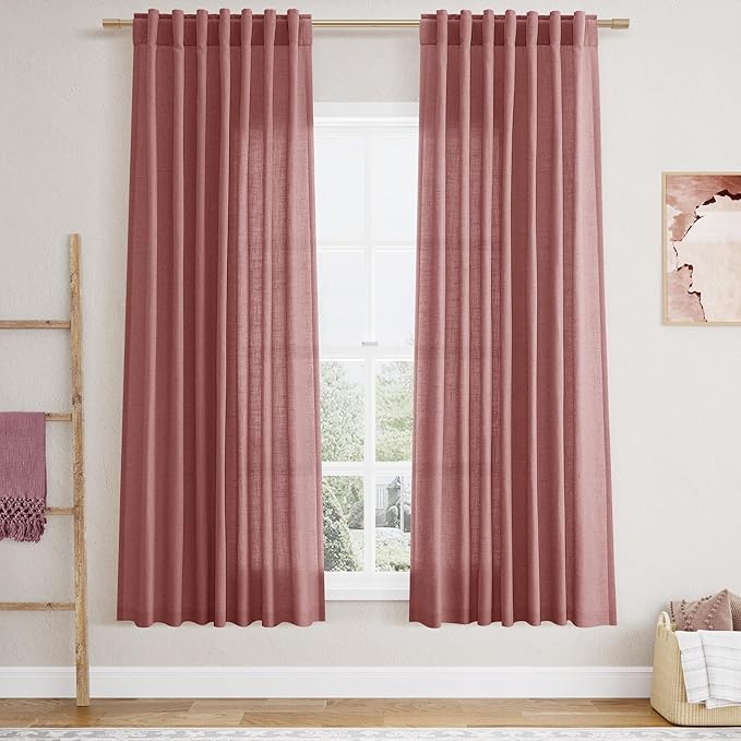 Canyon Rose Linen Curtains for Living Room 63 Inches Long 2 Panel Set Light Filtering Linen Drapes for Kitchen Windows Rod Pocket Back Tab Short See Through Curtain Country Farmhouse Decor 52x63