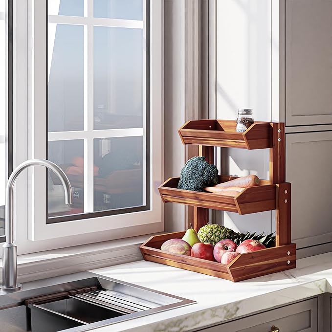 HOLANA Acacia 3 Tier Fruit Basket for Counter – Wooden Fruit Bowl for Kitchen Counter Organizer & Produce Storage Wooden Basket, Snack Organizer for Countertop, Kitchen Counter Storage (Acacia)