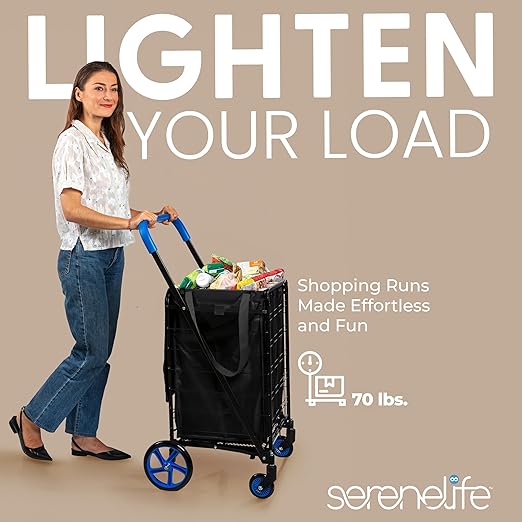 SereneLife Small Compact Folding Shopping Cart with Removable Waterproof Liner – 360° Swivel Wheels, Rust‑Proof Steel Frame, 70 lb Capacity – Portable Grocery, Laundry & Travel Cart (Blue)