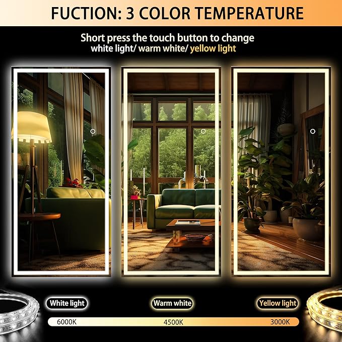Hasipu Full Length Mirror with Lights, 71" x 32" LED Lighted Floor Standing, Full Body Dressing Hanging Mounted Mirror, Dimmable, Tempered Glass, Safe to Use, Square White