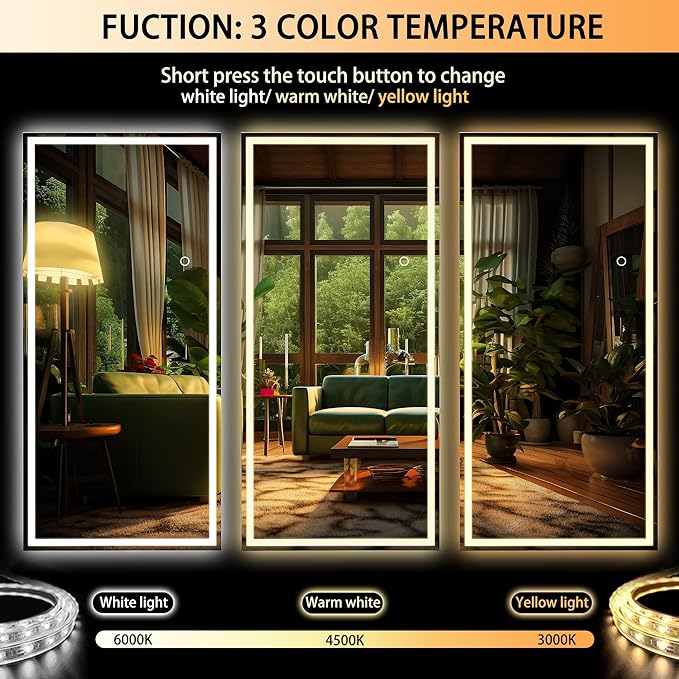 Hasipu Full Length Mirror with Lights, 81" x 34" LED Lighted Floor Standing Mirror, Full Body Dressing Hanging Mounted Mirrors, Dimmable, Tempered Glass, Safe to Use, Square Black