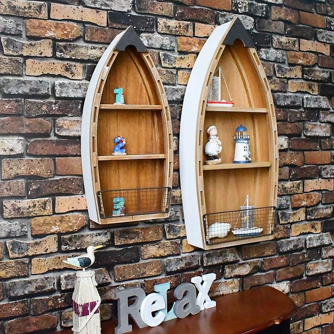 Wood Hanging Boat Shelf Set Nautical 3-Tiered Shelves for Living Room Bathroom Bedroom - Beach Themed Decorative Bookcase Wooden Wall Art Ornament Display Shelf Rustic Coastal Home Decor