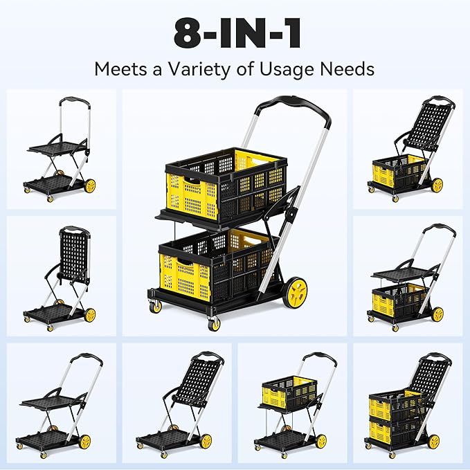 Collapsible Shopping Cart with Wheels, 8-in-1 200LBS Capacity Grocery Cart on Wheels with 2 Storage Crate, Folding Utility Cart for Shopping, Travel, Supermarket, Office, Yellow