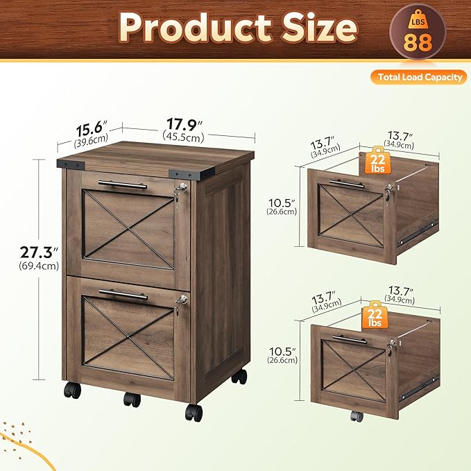 DEVAISE 2 Drawer File Cabinet with Hanging Files,Mobile Rolling Storage Cabinet for Home Office,Under Desk Filing Cabinet with Lock,Printer Stand,Dark Brown
