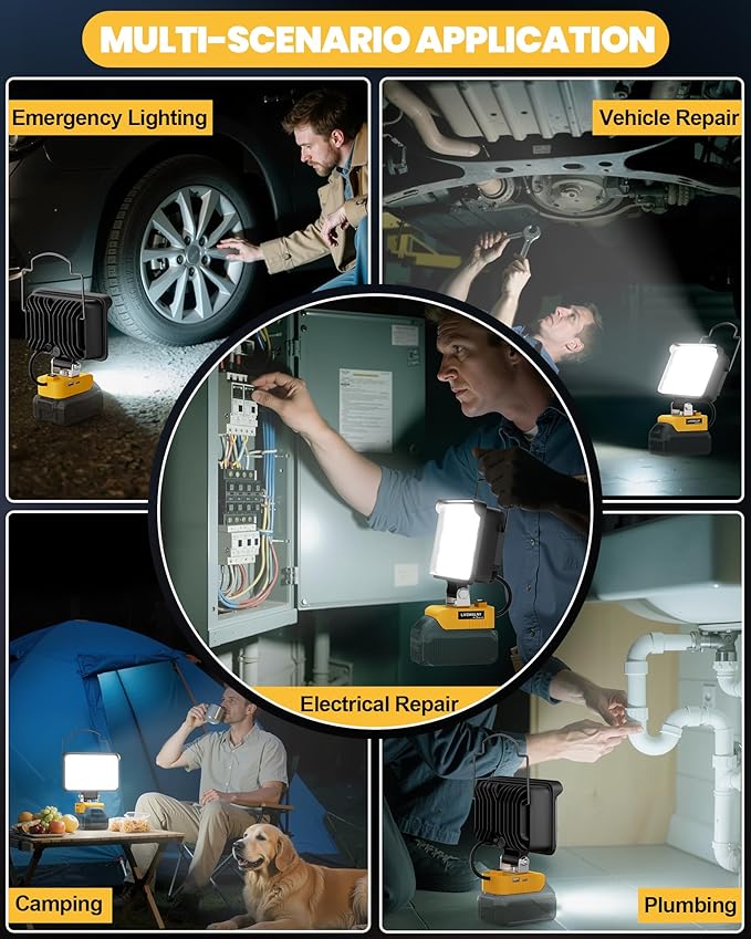 LIVOWALNY Cordless LED Work Light Compatible with Dewalt, 78W 7800LM 5" 20V Battery Flashlights with USB & Type-C & Low Voltage Protection & 140° Pivoting Head for Emergency, Outdoors & Job Site Light