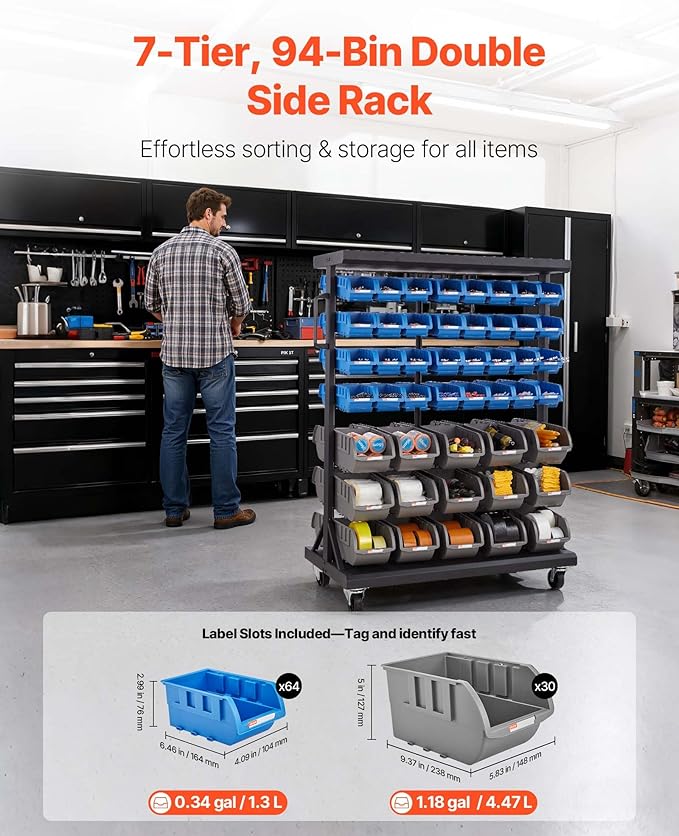 VEVOR 7-Tier Double-Sided Rolling Bin Storage Rack, 94 Plastic Bins, Dual-Sided Parts Organizer with Wheels, Mobile Tool Organizer for Garage, Warehouse, Office, Restaurant, Classroom, Kitchen