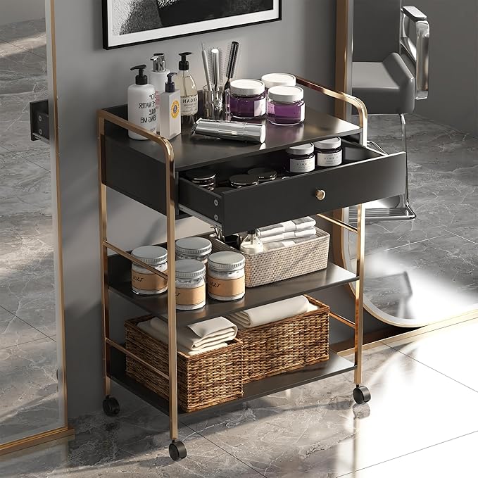 Salon Rolling Trolley with Lockable Wheels Barber Cart with Storage Drawer Mobile Hair Station Cabinet for Beauty Makeup Esthetician Spa Massage (Black-one Drawer-Two Shelves)