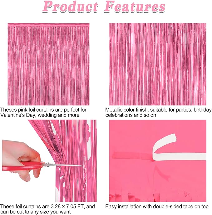 4 Pack Birthday Decorations, 3.28 FT x 7.05 FT Pink Backdrop, Metallic Happy Birthday Backdrop Fringe Curtains Party Streamer, Bachelorette Party Decorations Princes Birthday Valentines Party Decor