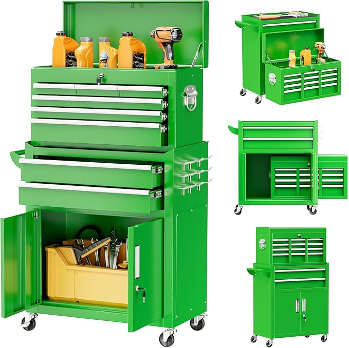 Superday Metal Tool Chest, 8 Drawer Rolling Tool Chest with Wheels, Detachable Tool Storage Cabinet with Lock for Garage, Steel Tool Cart with Liner & Hooks for Workshop, Warehouse (Green)