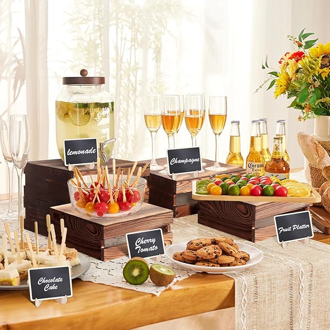4 Pcs Buffet Risers with Mini Signs, Rustic Wood Cake Stands, Food Risers for Buffet Table, Dessert Display Stand, Wood Crates, Rustic Cake Stand for Party, Wedding, Birthday, Baby Shower, 4 Sizes