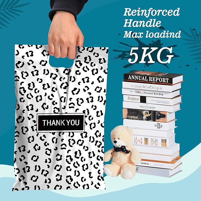 JinRuiKJ Poly Mailers with Handle 12x15.5 Inch 50 Pcs, Easy to Carry Packaging Bags for Small Business, Thank You Shipping Bags with Self Adhesive Strip, Tearproof and Waterproof - Black leopard