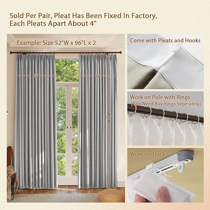 Textured Linen Pencil Pleats 100% Blackout Curtains for Bedroom/Living Room Blackout Curtains 63 Inches Long, Energy Saving Window Treatment Curtains,100Wx63Lx2,Grey