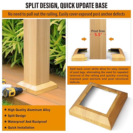 2 pcs 6"x6" (Actual: 5.5"x5.5") Aluminum Deck Post Base Cover, for Deck railings, Stairs, Patios, Porches Split Deck Post Skirt (Burlywood)