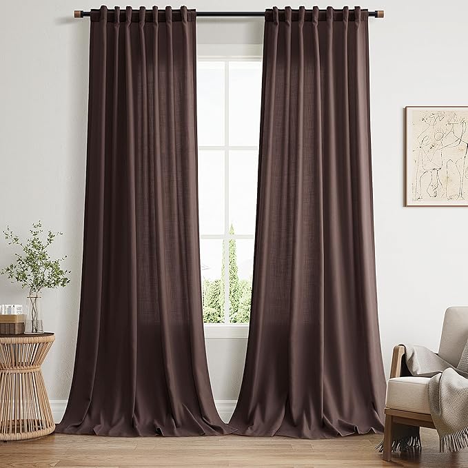 Extra Long Curtains 102 Inches Long for Bedroom Living Room Coffee Brown Back Tab Rod Pocket Light Filtering Semi Sheer Drapes Cotton Linen Textured 102 Inch Length for Dinning Room,2 Panels