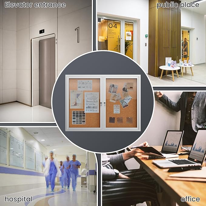 48"x36" Lockable Enclosed Bulletin Board, Outdoor Cork Weather-Resistant Aluminum Frame Notice Board, Wall Mounted Display Case Acrylic Doors for School,Office,Silver Frame w/Cork