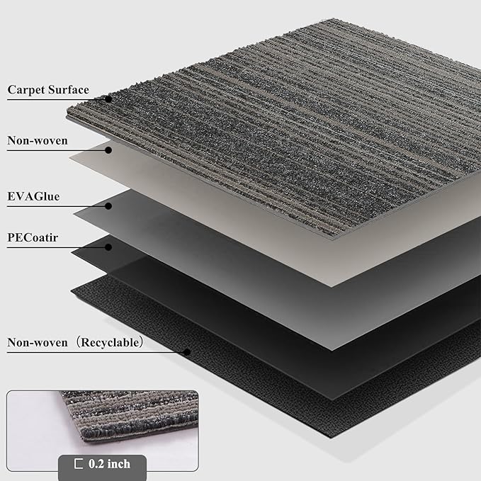 24 Tiles 20 X 20 Inch Carpet Tiles Floor, Carpet Squares for Living Room Bedroom Office, Stripe Light Grey (64.5 Sq.Ft per Box)