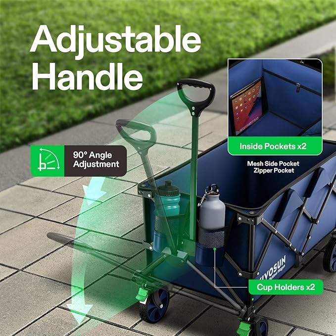 VIVOSUN Collapsible Folding Wagon, 350 lb Load-Bearing Outdoor Utility Cart with Silent Universal Wheels, Cup Holders &Side Pockets, Adjustable Handle, for Camping, Garden, Sports, Picnic, Shopping