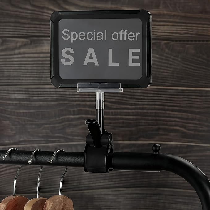 Mlici Acrylic Sign Holder with Clamp, 6 x 9 Inch Double Head Display Clips with PVC Card Protector, Rotating Sign Price Tag Clip On Sign Display for Hangrails or Tubes (Pack of 7) (Black)