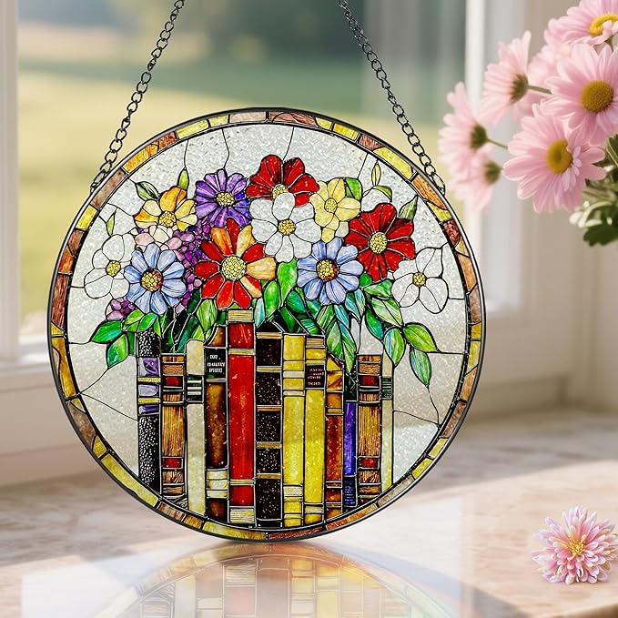 8-Inch Flower Books Stained Glass Ornament, Stained Glass Window Hanging, Window Hanging Decor Suncatcher – Holiday Decor | Gifts for Bookworm, Book Reader, Book Lovers | Holiday Decorators