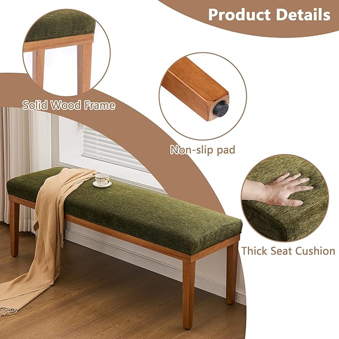 Rowill 53 Inch Long Entryway Bench for Bedroom End of Bed, Dining Room Bench with Upholstered Padded Seat and Solid Wood Leg for Kitchen, Living Room, Indoor and Hallway, Green