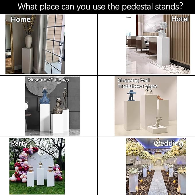 Vincidern 6pcs Square Pedestal Stands for Party, Metal Display Plinth Pillars for Wedding Ceremony Birthday Party Art Decor 31.5*11.8''(2*L), 27.6*11''(2*M), 23.6*10.2''(2*S)