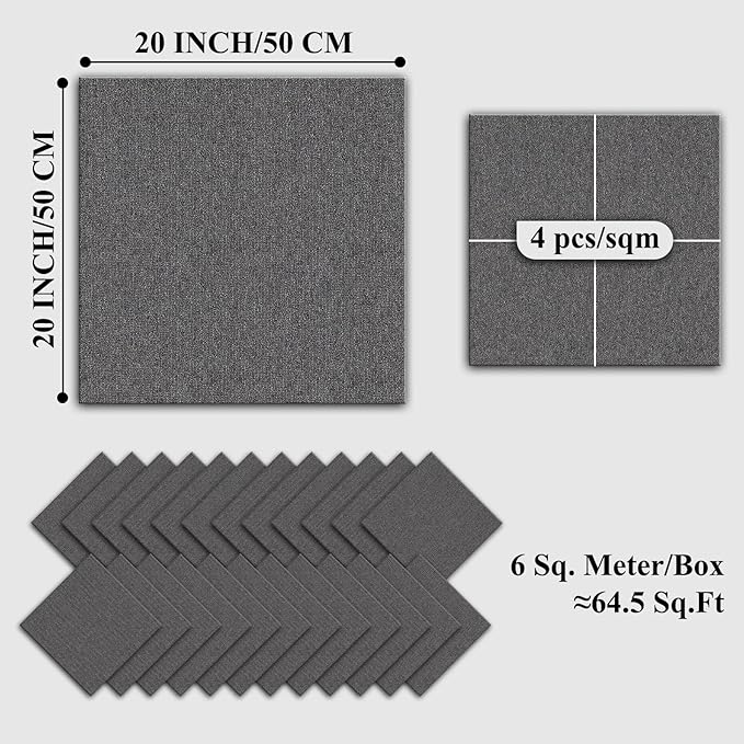20" X 20" Carpet Tiles, Carpet Squares, 24 Tiles/64.5 Sq.Ft per Box, Floor Carpet Tiles for Home Office Industry, Grey