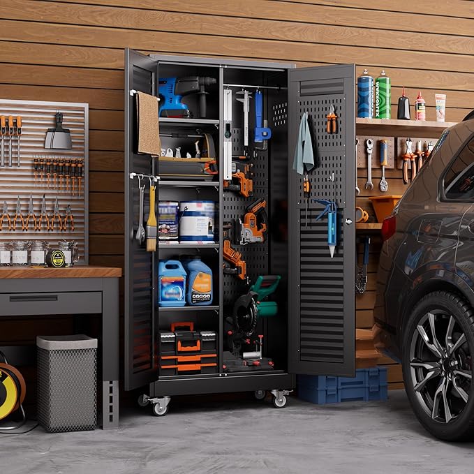 Aobabo Metal Broom Closet Storage Cabinets,Steel Mop and Broom Cabinet with Adjustable Shelves,Lock,Pegboards and Wheels,Assembly Required,Black