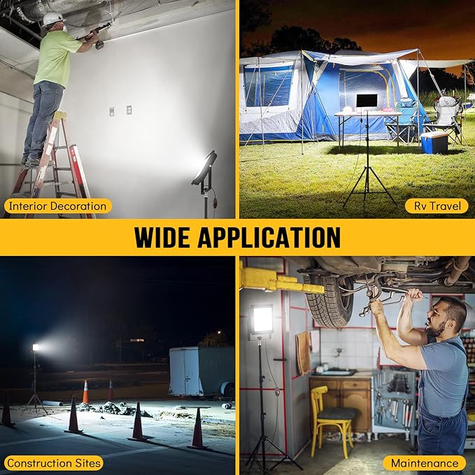 LIVOWALNY 2PCS LED Work Lights with Stand, 110W 11000 Lumens Portable Tripod Light with 13FT Cord, IP65 Waterproof Adjustable Head Tower Flood Light for Job Site Workshop Garage Construction Lighting