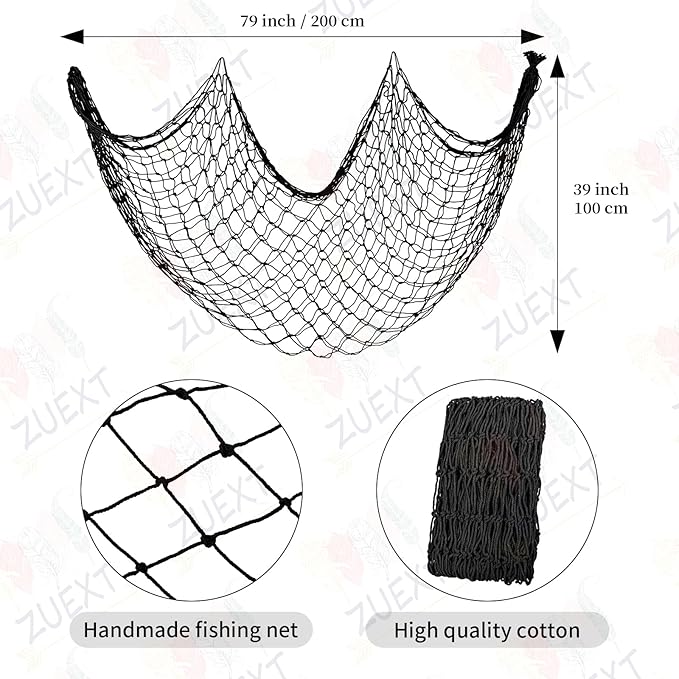 ZUEXT Decorative Fishing Net 80x40 Inch, 2 Pack Large Black Picture Fish Net, Wall Photo Hanging Fishnet for Nautical Mermaid Pirate Ocean Themed Hawaii Beach Under The Sea Party Decorations